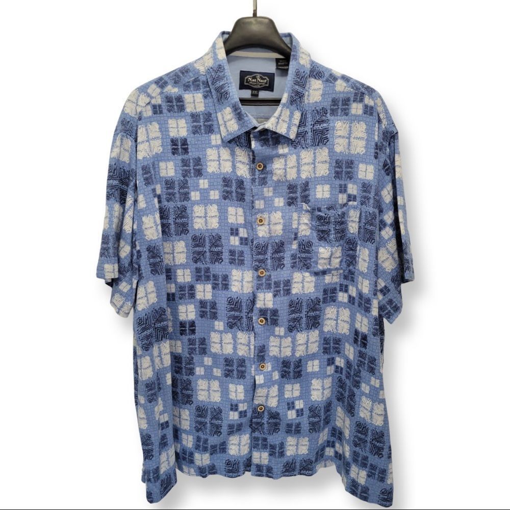 Nat Nast Button Up Shirt Short Sleeve Blue Geometric Casual Silk Cotton Size 2XL